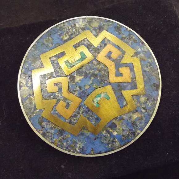 MEXICO TAXCO 925, COPPER & BRASS LAPIS TURQUOISE LARGE MOSAIC ROUND PIN 16 - Picture 1 of 2
